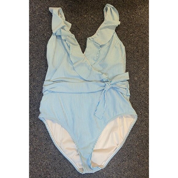 Lilly Pulitzer Delphie One Piece Bathing Suit Blue White Stripe Seersucker 16 - Picture 1 of 4